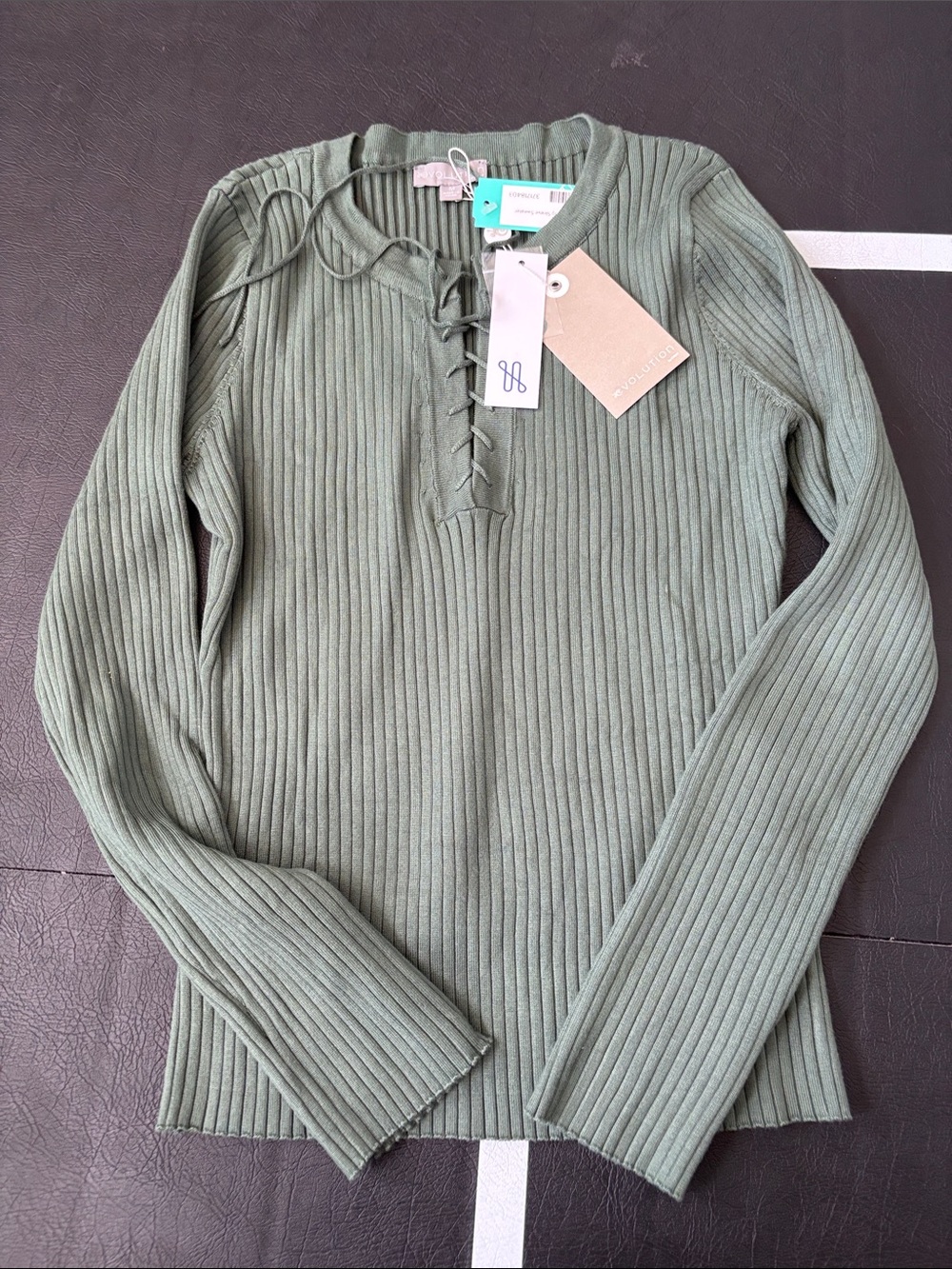 Ribbed Lace-Up Long Sleeve Top in Sage Green